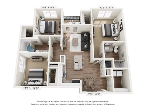 A 3D floor plan of a house with labeled dimensions.